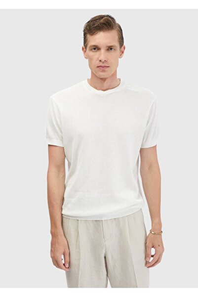 Ramsey Beyaz Jakarlı Bisiklet Yaka %100 Pamuk T-Shirt