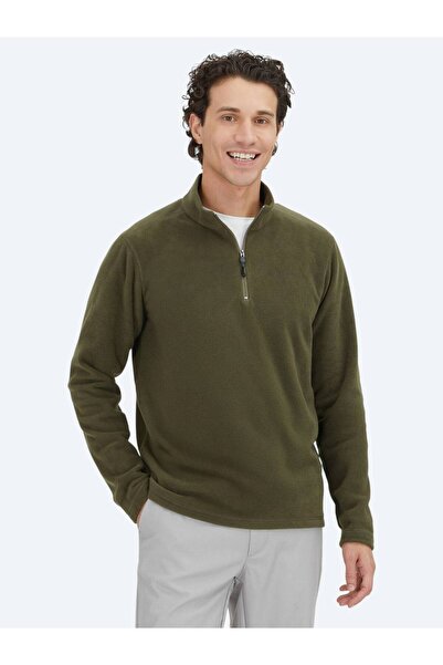 Kip Khaki Mock Neck Plain Fleece Sweatshirt
