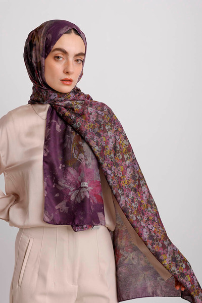 Ayshara Menekşe Çiçek Desenli Çift Taraf Şal - Mürdüm Pembe