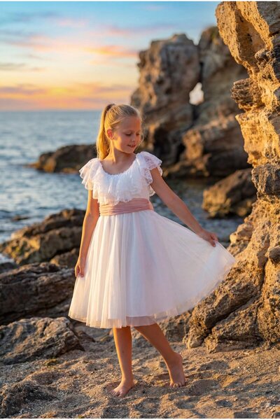 BUTİKHAPPYKİDS Rochie de seara din dantela frantuzeasca cu guler alb pentru fete