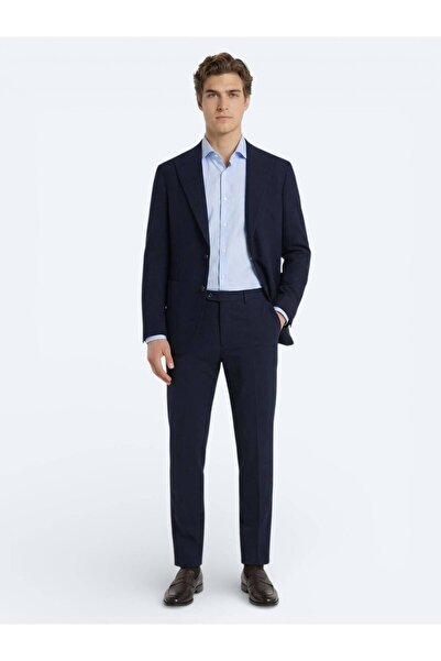 Kip Navy Blue Plain Cotton Blend Suit