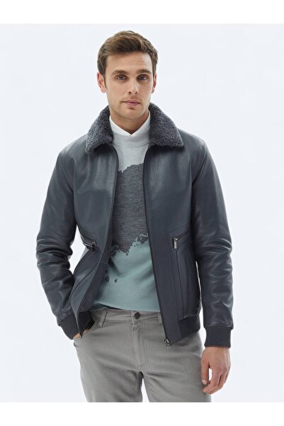 Kip Gri Regular Fit Smart Casual Koyun Derisi Deri Mont