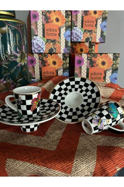 Edora Home Turkish Coffee Cup Set, Interlocking Checkerboard Pattern, Butterf...