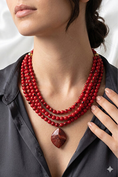 PETEK AKSESUAR Kırmızı Çoklu Boncuk Kolye