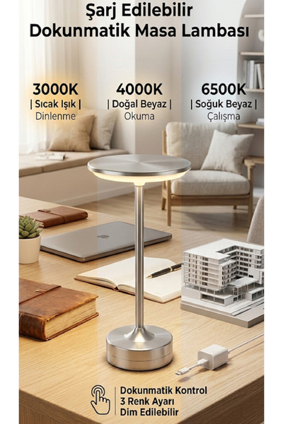 Senipa Şarjlı Masa Lambası Toronto Dokunmatik (Gümüş ) 3 Farkli Renk Ayari Iş...