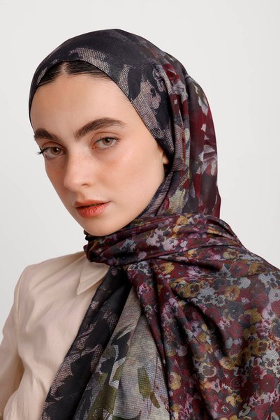 Ayshara Violet Floral Patterned Double-Sided Shawl - Black Red
