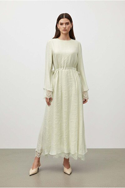 Soul Women's Belted Lace Detailed Long Dress-32466Elb - Almond Green