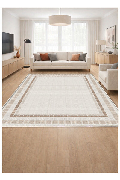 STY Home Krem Kahve Dijital Baskı Halı Kaymaz Tabanlı Yıkanabilir Halı Yolluk...