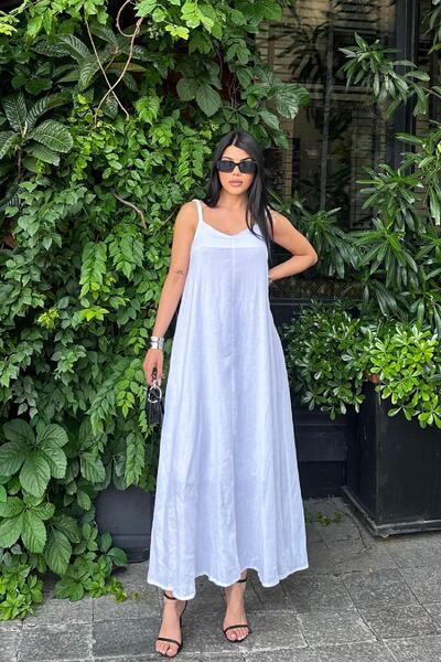 Angel Mia Λευκό μακρύ πλεκτό φόρεμα με λουράκια