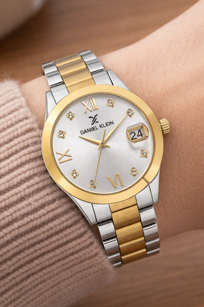 Daniel Klein Kadın Gümüş Sarı Roma Rakamlı, Taşlı Kadran, Takvimli Kadın Kol ...