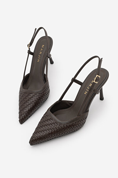 Marjin Kadın Stiletto Sivri Burun Örgü Desen Arkası Açık Topuklu Ayakkabı Ari...