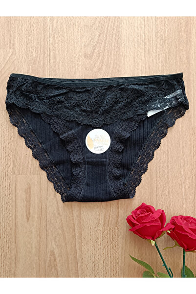 Papatya İstiridye Dantelli Jakar Detaylı Kadın İç Giyim Külot (SİYAH)
