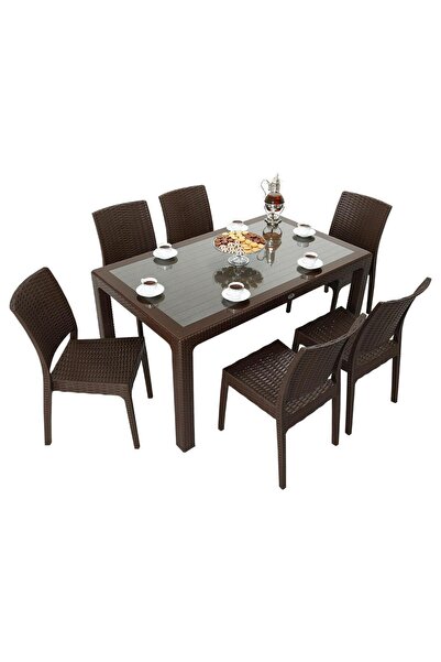 Mandella Elit Rattan 90x150 Elit Sandalye Camlı Masa Takımı KAHVERENGİ