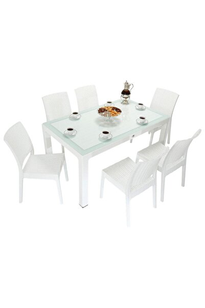 Mandella Elit Rattan 90x150 Elit Sandalye Camlı Masa Takımı BEYAZ