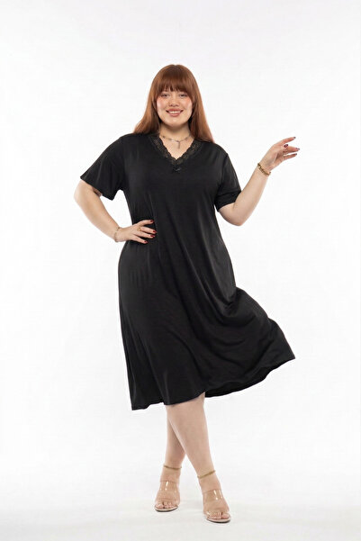 Mivoon Bamboo Fabric Lace Collar Detail Flared Dress 7XL