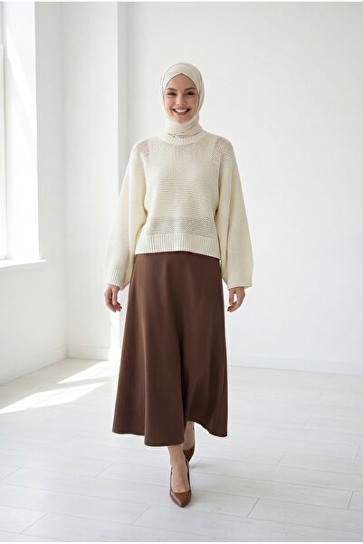 MİHRA STORE Yaser Geniş Kol Triko Kısa Kazak-KR5076 Ekru