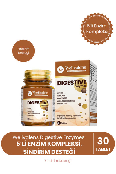 Wellvalens Digestive Enzymes 30 Tablet | 5’li Enzim Kompleksi, Sindirim Desteği