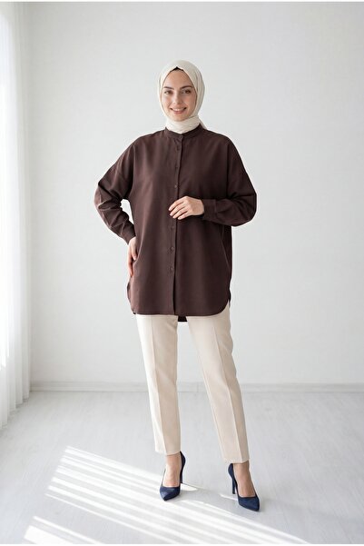 MİHRA STORE Πουκάμισο Halide Hakim Yaka Basic-EU3201 Καφέ