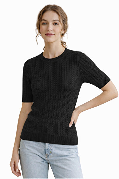 MODASPARK Black Short Sleeve Crew Neck Slim Fit Women's Sweatshirt