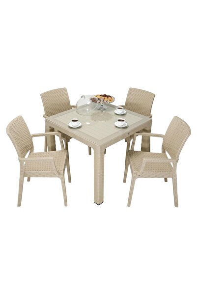 Mandella Elit Rattan 90x90 Elit Sandalye Camlı Masa Takımı beyaz