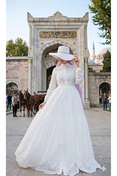 Muslima Wear White Dream Çiçek Desenli Inci Düğme Detaylı Kadın Elbisesi