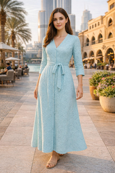 Borncelebs فستان ماكسي من قماش قطن شيفلي، لون أزرق فاتح | أساسيات عضوية