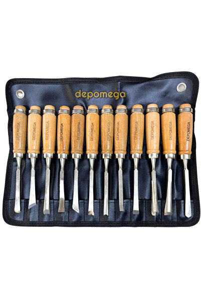DepoMega 12 Parça Profesyonel İskarpela Ahşap Saplı Oyma Seti Özel Çantalı