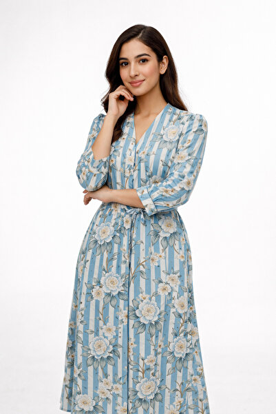 Borncelebs فستان ماكسي قطني بنقشة زهور زرقاء فاتحة | أساسيات يومية