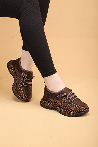 Ldr Ayakkabı Kadın Ortopedik Leopar Taban Taşlı Desenli Yürüyüş Ayakkabısı Sn...