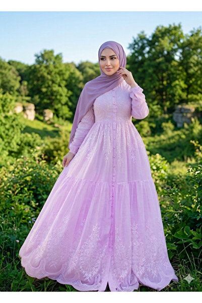 Muslima Wear Rose Dream Inci Düğmeli Pembe Gül Desenli Kadın Elbisesi