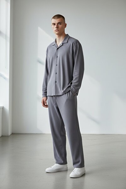 Altamira Men's Smoke Gray Striped Oversize Shirt-Bottom Set