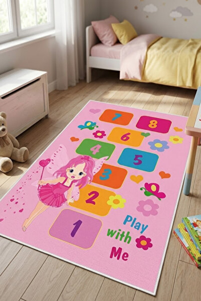 CENTER AVM Pembe Seksek Desenli Çocuk Odası Halısı Leke Tutmaz Makinede Yıkan...