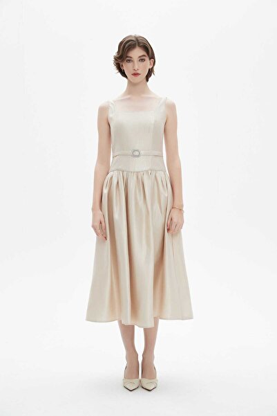 Nichii Beige Plain Midi Belted Dress