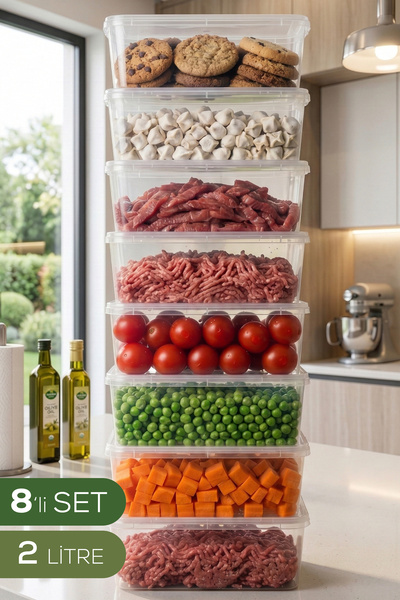 Vienev 8'li 2 Lt Sabit Kapaklı Şeffaf Saklama Kabı Seti - Dikdörtgen Bakliyat...