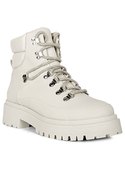 london Rag Women's Lace Up Chunky Platform Biker Boots in Ecru