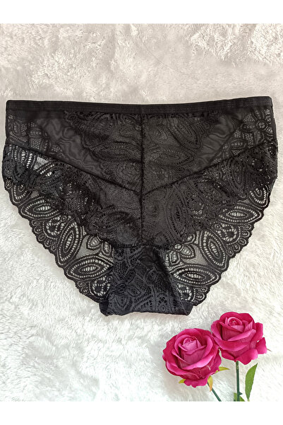 Papatya Etnik Desen Dantelli / Transparan Detaylı Kadın İç Giyim Külot (SİYAH)