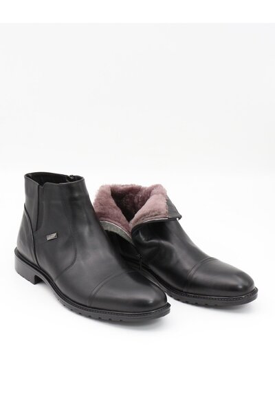 Fosco 3580-1 حذاء رجالي أسود من الجلد الطبيعي بنعل مطاطي من الفرو