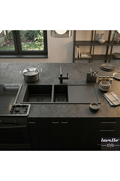 LAVELLO STYLE Meta 4018 45×100 Eviye Seti Sağ Damlalıklı Pvd Kaplama Füme Siy...