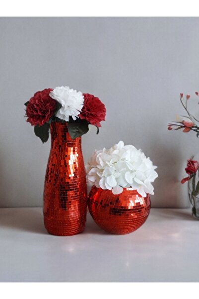 IŞILTI HOME DESIGN طقم فازو زجاجي بمرآة أحمر مكون من قطعتين