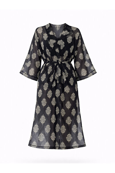 Retrobird Σχέδιο με λουλουδάτο μοτίβο μακρύ γυναικείο κιμονό μαύρο