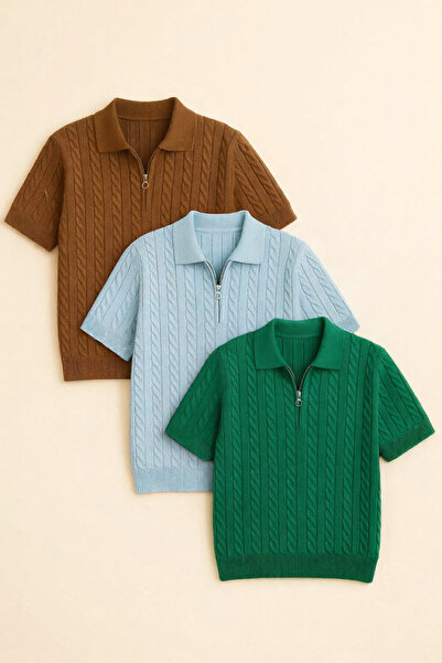 pepule Ανδρικό πλεκτό μπλουζάκι 3 τεμαχίων με λαιμόκοψη πόλο, από βαμβάκι με ...