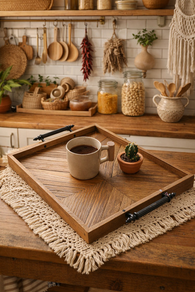 Genel Markalar Ahşap Mutfak Sunum Tepsisi Ceviz Rengi Dekoratif ve Dayanıklı ...