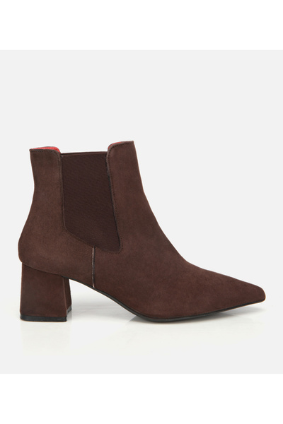 Hotiç Kadın Süet Deri Kahverengi Lastik Detaylı Siviri Burunlu Topuklu Bot