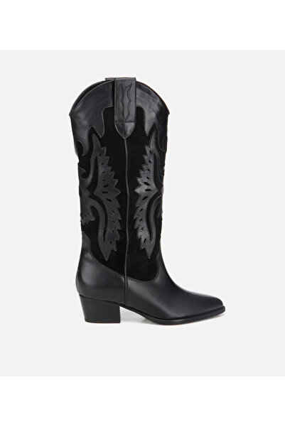 Hotiç Kadın Deri Siyah İşleme Detaylı Western Kovboy Çizme