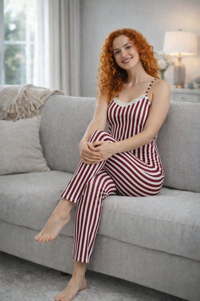 Bravie Soft Burgundy Striped Pajama Set with Six Long Rope Straps