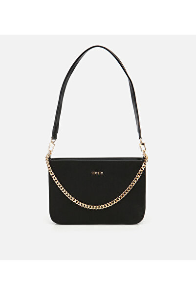 Hotiç Kadın Süet Siyah Gold Zincir Detaylı Omuz Çantası