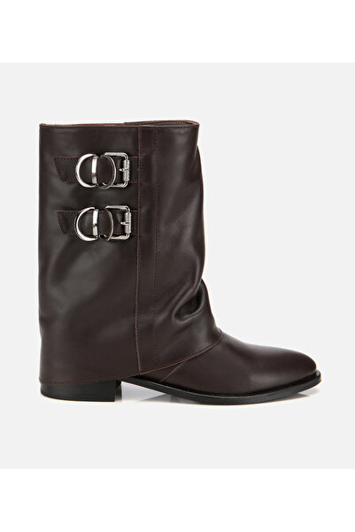 Hotiç Kadın Deri Kahverengi Tokalı Kırışık Görünümlü Kovboy/Western Düz Bot