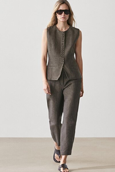 Massimo Dutti Kruvaze bağcıklı keten yelek