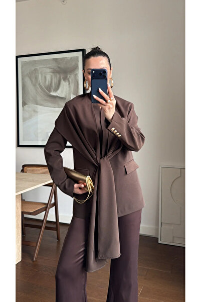 My Blog Brown Shawl Collar Blazer Jacket with Gold Buttons - 9721