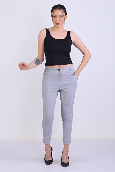 Canseven Fashion Kadın Yüksek Bel Kalem Kesim Kumaş Açık Gri Pantolon
